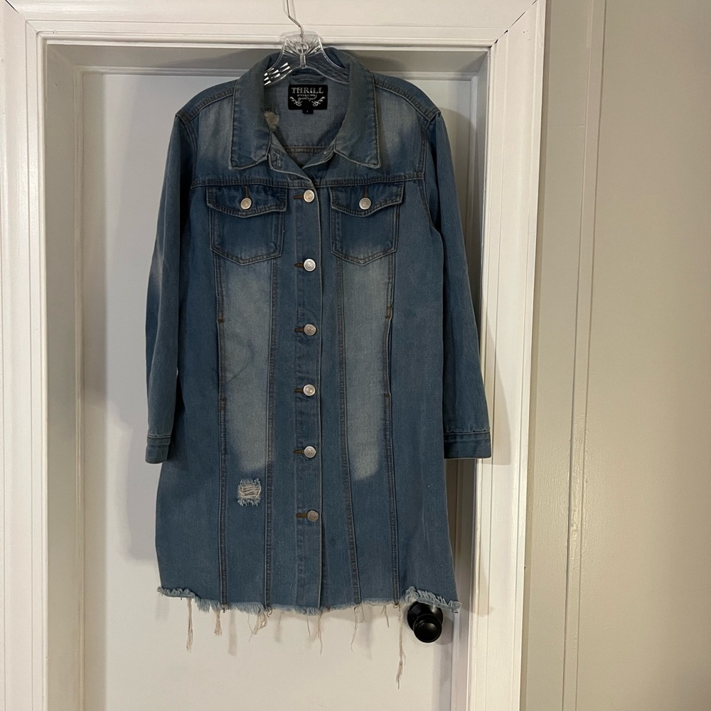 Thrill Jeans Long Light Denim Acid Washed Jacket Distressed - Frayed Button L